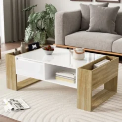 Soffbord>Modernt soffbord 105 x 60 x 40 cm - delvis högblankt, med lådor och öppna fack