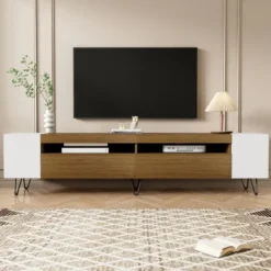 Tv-Bänkar>Modernt TV-skåp, vit och träoptik – längd 180 cm