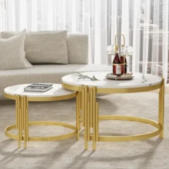 Soffbord>Modulerbart soffbordsset, marmoroptik, guldfärgad metallram, runda bord i två storlekar