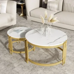 Soffbord>Modulerbart soffbordsset, marmoroptik, guldfärgad metallram, runda bord i två storlekar