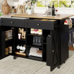 Köksö>Multifunktionell köksö med trästruktur: Bufféskåp med snackhyllor & förvaringsutrymme - serveringsvagn & matbord i svart