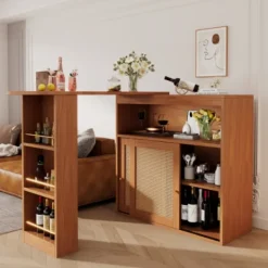 Köksö>Multifunktionellt barbord med rottingfront & justerbara hyllor – utdragbart högt bord (138-193×39×104 cm) för kök & bar