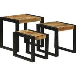 vidaXL Småbord>Nestingbord 3 pcs Brun och svart Massivt Mangoträd och Metall
