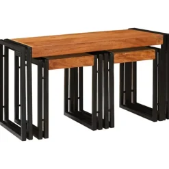 vidaXL Småbord>Nestingbord 3 pcs Brun och svart Massivt akaciaträ och metall