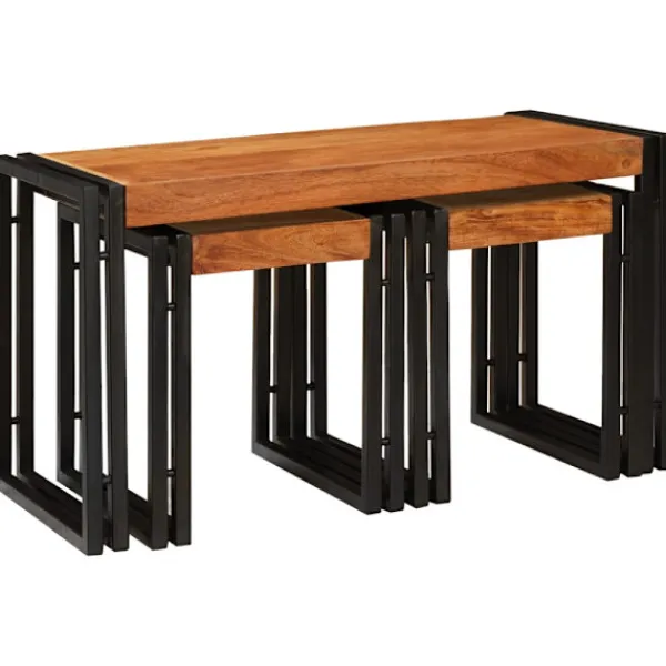 vidaXL Småbord>Nestingbord 3 pcs Brun och svart Massivt akaciaträ och metall