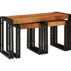vidaXL Småbord>Nestingbord 3 pcs Brun och svart Massivt akaciaträ och metall