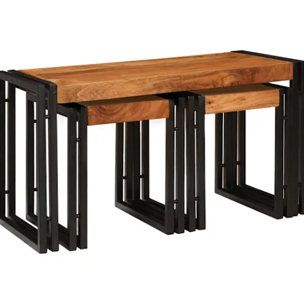 vidaXL Småbord>Nestingbord 3 pcs Brun och svart Massivt akaciaträ och metall