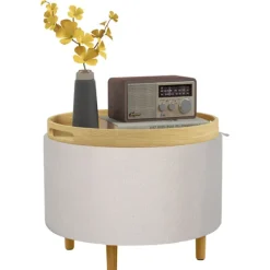 Northio Sittpuffar>Ottomansk Pall Med Förvaringsutrymme, Rund Ottoman Med Fällbart Lock, Träben, Modern, För Vardagsrum, Sovrum, Vit, Ø56 X 42 Cm