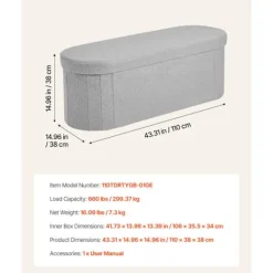 DUOKU Kistor & Koffertar>Oval Förvaringsbänk--Fällbar, Vadderad i Teddytyg, Sammanfallbar, Maximal Belastning på 299,37 KG, Grå