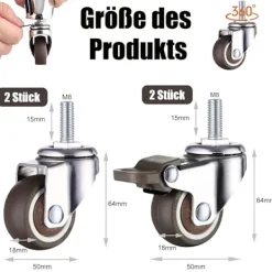 AIZHENCHEN Kontorsmöbler>4-pack M8 x 15 mm gängade svängbara hjul med bromsar, 50 mm tysta styrhjul för inomhusmöbler, 360-graders rotation, 2 bromsar