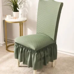 Stolar>2-pack Stolsöverdrag Jacquard Stolsöverdrag med Lång Kjol Hög Stretch Avtagbart Tvättbart Stolsöverdrag (Grön, 2 st)