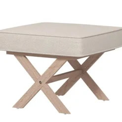 Northio Pallar>Pall, stoppad bänk med linnelook, fotpall med vadderad sits, halkfri matta, ottomansk fotstöd av trä, för vardagsrum, sovrum, krämvit