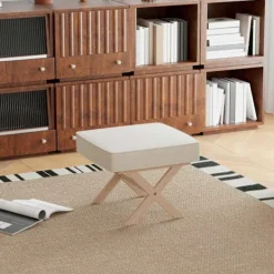 Northio Pallar>Pall, stoppad bänk med linnelook, fotpall med vadderad sits, halkfri matta, ottomansk fotstöd av trä, för vardagsrum, sovrum, krämvit