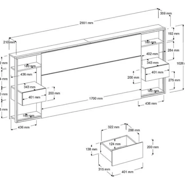 PARISOT Sängar>Sänggavel med hyllor + integrerade sängbord - dekor - L 255 x D 36 x H 103 cm - VIT