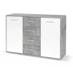 Sideboards>PILVI låg skänk - 2 luckor och 4 lådor - Vit och lätt betong - L 122,6 x D 34,2 x H 81,1 cm