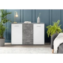 Sideboards>PILVI låg skänk - 2 luckor och 4 lådor - Vit och lätt betong - L 122,6 x D 34,2 x H 81,1 cm