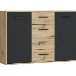 Sideboards>PILVI skänk - Modern stil - Melaminpartiklar - Ek och svart dekor - 2 luckor + 4 lådor - L 122,6 x D 34,2 x H 81,7 cm | Fyndiq