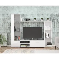 Tv-Bänkar>PILVI TV väggskåp - Melaminpartiklar - dekor - glasdörr + 1 klaff + 5 nischer - L220 x D41 x H177,5 cm