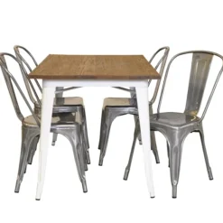 Tusent Matgrupper>Plåt matt vit med toppskiva i alm + 4 galvaniserade stolar