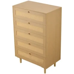 DUOKU Byråer>Rattankommod med 5 lådor--Förvaringsmöbel med metallhandtag och träben-Organisatör för kläder