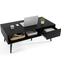 COSTWAY Soffbord>Rektangulär Kaffeebord , 1 Låda och Öppen Förvaringshylla, Salong Bord 109 x 55 cm, för Sovrum Kontor,