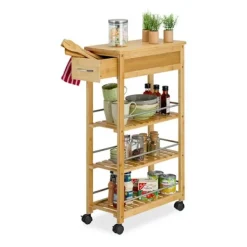 RELAXDAYS Köksö>rullande dessertvagn, bambukökvagn, låda, 3 nivåer, kryddor, HLP: 86,5x25x50,5 cm, natur/silver