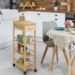 RELAXDAYS Köksö>rullande dessertvagn, bambukökvagn, låda, 3 nivåer, kryddor, HLP: 86,5x25x50,5 cm, natur/silver