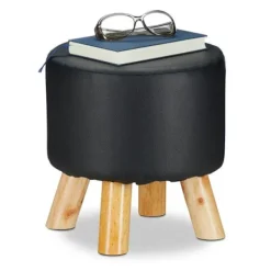 RELAXDAYS Pallar>Taburett i konstläder 4 träben puff dekoration stoppad rund sits HxD 30 x 30 cm, svart svart, ljusbrun