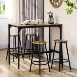 Rootz Living Matgrupper>Rootz Barbordsset - Industriell Design - 5 St.bordsset - 1 Barbord - 4 Barstolar - Sittgrupp - Köksbänk - Svart + Brun - 110L x 50W x 89,5H cm.