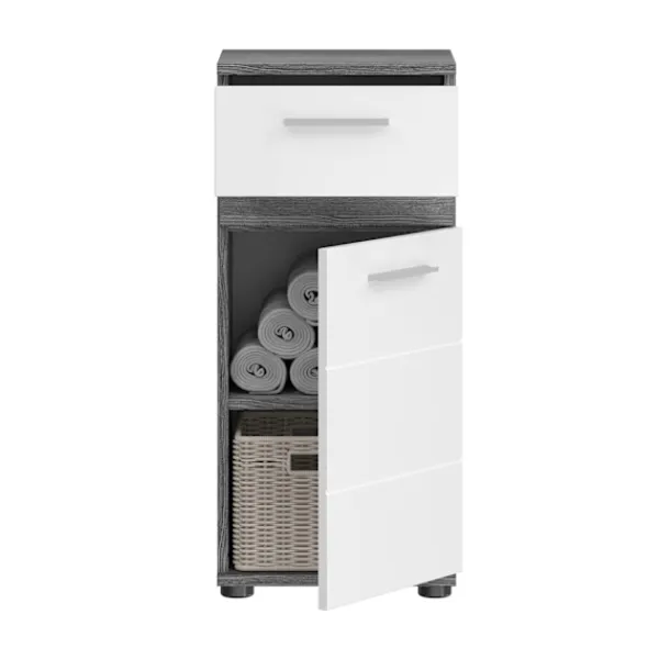 Rootz Living Byråer>Rootz Blake byrå - Badrumskåp - Lagringsenhet - Vit högglans - Rök silver replika - 35 cm x 79 cm x 31 cm