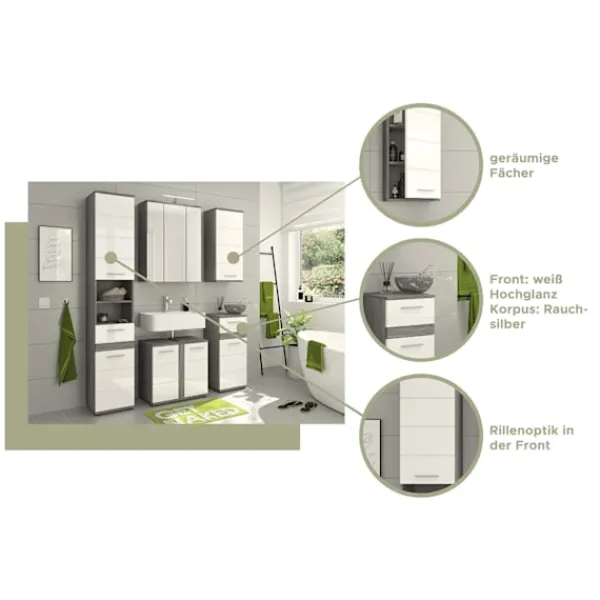 Rootz Living Byråer>Rootz Blake byrå - Badrumskåp - Lagringsenhet - Vit högglans - Rök silver replika - 35 cm x 79 cm x 31 cm