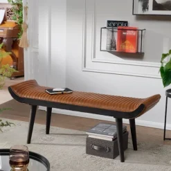 Rootz Living Balkongmöbler>Rootz bänk äkta läder - massiv trä bänk brun 125x51x38 cm modern - Design stoppad bänk hall Läder bänk säng bänk 2 personer - Hall bänk modern