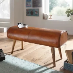 Rootz Living Balkongmöbler>Rootz bänk äkta läder - massivt trä bänk 100x53x40 cm - 2-sits stoppad bänk hall springbok brun - Liten läder sängbänk Hall möbel hall bänk