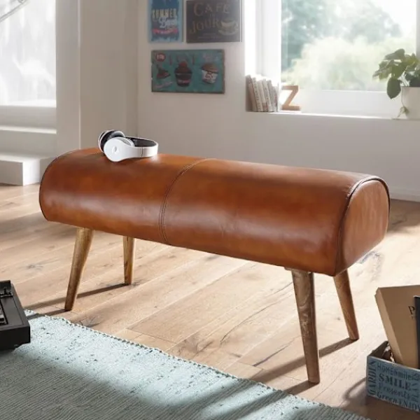 Rootz Living Balkongmöbler>Rootz bänk äkta läder - massivt trä bänk 100x53x40 cm - 2-sits stoppad bänk hall springbok brun - Liten läder sängbänk Hall möbel hall bänk
