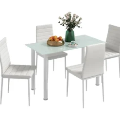 Rootz Living Matgrupper>Rootz Dining Group - Matbord med 4 stolar - Modern design - Glasbord - konstläder - Vit - 120cm x 60cm x 97cm