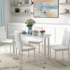 Rootz Living Matgrupper>Rootz Dining Group - Matbord med 4 stolar - Modern design - Glasbord - konstläder - Vit - 120cm x 60cm x 97cm