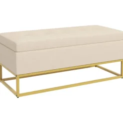 Rootz Living Kistor & Koffertar>Rootz förvaringsbänk - Dekorativa knappsömmar - Flanelllook - Guldstålben - Beige - 110 x 47 x 46,5 cm