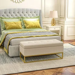 Rootz Living Kistor & Koffertar>Rootz förvaringsbänk - Dekorativa knappsömmar - Flanelllook - Guldstålben - Beige - 110 x 47 x 46,5 cm