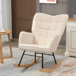 Rootz Living Fåtöljer>Rootz gungstol - Retro massivt trä - Klädd stol - Krämvit - 71cm x 92cm x 101cm