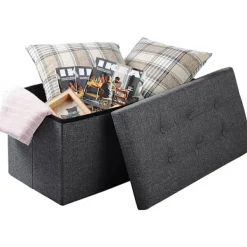Rootz Living Kistor & Koffertar>Rootz hopfällbar förvaringslåda Ottoman - Linnepall - Fotpall - Stor kapacitet - 76cm x 38cm x 37,5cm - Mörkgrå Ljusgrå Krämvit