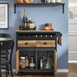 Rootz Living Köksö>Rootz Kitchen Trolley Cart - Förvaringsvagn - Kitchen Island - MDF och metall - Handduks- och flaskställ - 89cm x 87cm x 40cm