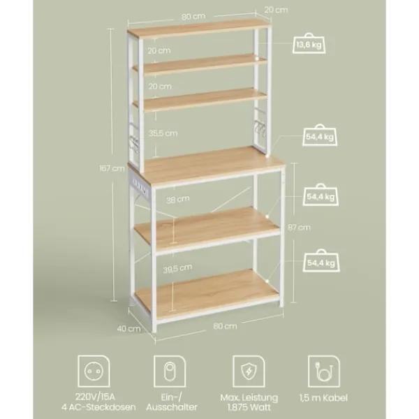 Rootz Living Köksö>Rootz kökshylla med uttag - Golden Oak Cloud White - Spånskiva stål - 40 cm x 80 cm x 167 cm - Modern förvaringsenhet - 21,2 kg
