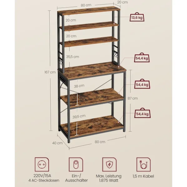 Rootz Living Köksö>Rootz Kökshylla Vintage Brun & Svart - Förvaringsenhet - Skåp - Spånskiva & Stål - 40cm x 80cm x 167cm - S Krokar - Lätt att montera