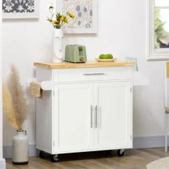 Rootz Living Köksö>Rootz Köksvagn - Serveringsvagn - Köksö - 1 kryddställ - 1 handdukshållare - Justerbar i höjdled - Gummiträ - Vit - 109L x 40W x 89H cm