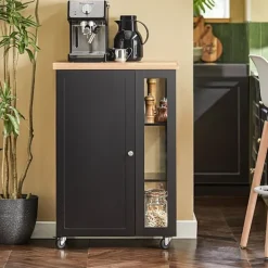 Rootz Living Sideboards>Rootz Köksvagn - Sidovagn - Serveringsvagn - Justerbara hyllor - Mobil förvaring - Låsbara hjul - Svart MDF och glas - 60cm x 90cm x 40cm