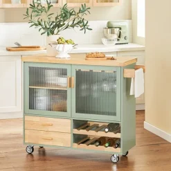 Rootz Living Köksö>Rootz Köksvagn FKW114-GR - Köksö - Skänk - Vinglashållare - Flaskhylla - Slitstark MDF & Bambu - 109cm x 92cm x 40cm