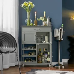 Rootz Living Köksö>Rootz Köksvagn Serveringsvagn - Köksskåp - Mobil förvaringsenhet - MDF och rostfritt stål - Med flaskhyllor, låda och låsbara hjul - 67cm x 87cm x 38c | Fyndiq