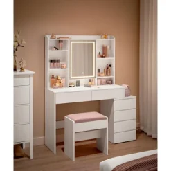 Rootz Living Sminkbord>Rootz LED Sminkbord - Modernt sminkbord - Upplyst sminkbord - Spånskiva - 40 cm x 117 cm x 145 cm - Molnvit