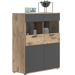 Rootz Living Skåp>Rootz Mason Display Cabinet - Glass Showcase - 2 Door Cabinet - Modern Design - Basalt Gray - Nox Oak - 110cm x 122cm x 37 cm