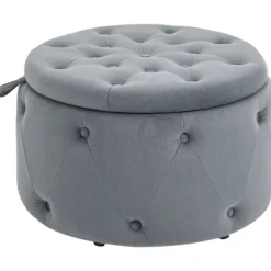 Rootz Living Sittpuffar>Rootz Pall - Rund - Med förvaringsfack - Quiltad design med knappar - Överdrag i sammetslook - Grå - 60 x 60 x 40 cm